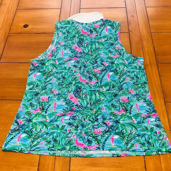 Lilly Pulitzer Luxletic Sleeveless Golf Polo Top Blue Green Tropical Print XL - Picture 7 of 10